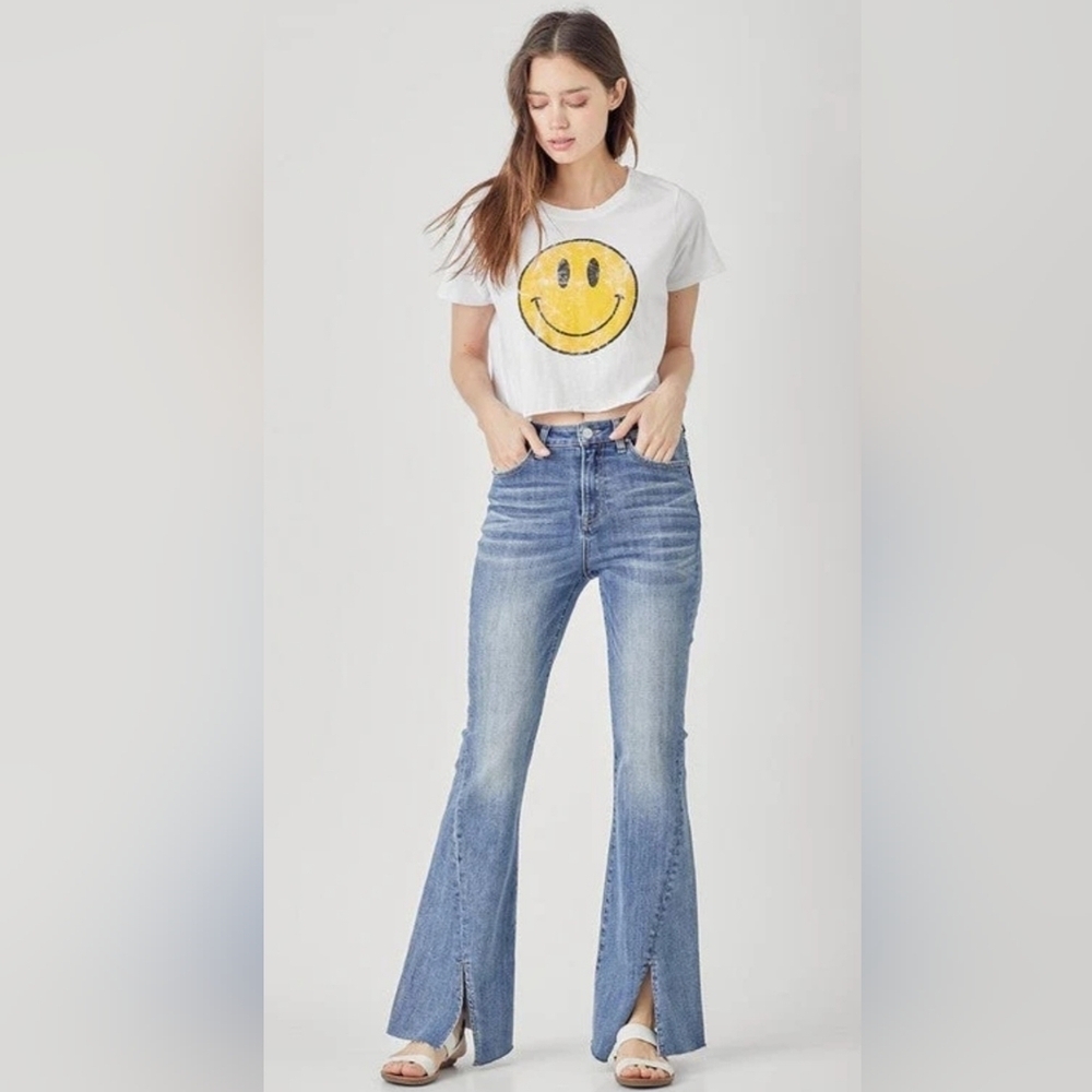 Risen High Rise Medium Wash Twisted Side Seam Front Split Hem Flare Jeans 9/29